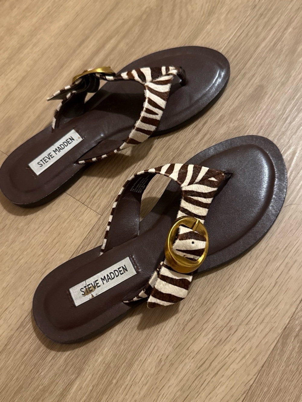 Steve Madden Brown and Cream Zebra Print Thong Sandals with Gold Buckle